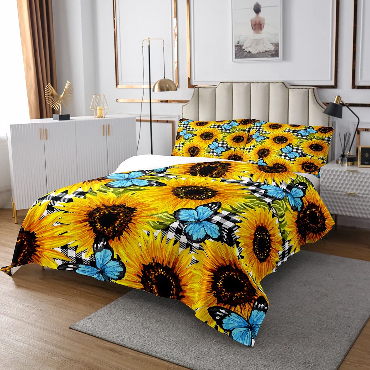 Erosebridal Sunflower Quilted Queen Size Blue Butterfly Bedspread for Girls Teens Women Yellow Flower Floral Coverlet Set,Black White Plaid Pastoral Rustic Quilt Set with 2 Pillow Cases
