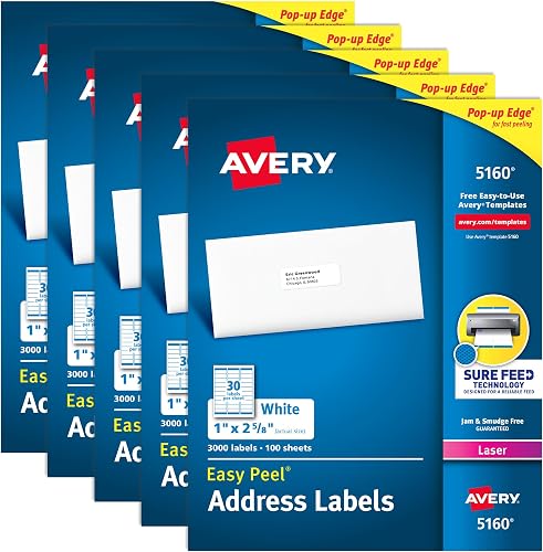 Avery Mailing Address Labels, Laser Printers, 15,000 Labels, 1 x 2-5/8, Permanent Adhesive, FBA Labels (5 Packs 5160)