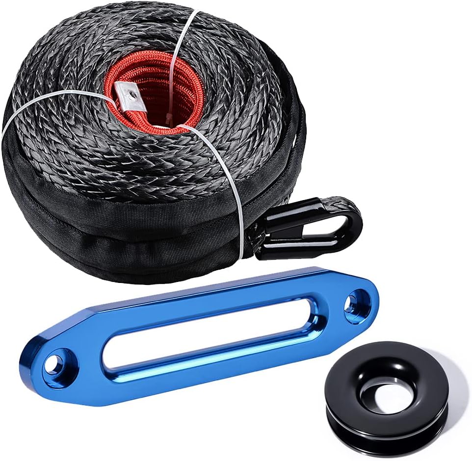 Black Kit 92' x 1/2" Synthetic Fiber Winch Rope Cable Towing 22,000LBs + Recovery Snatch Ring Pulley 41,000LB Roller + Blue Aluminum 10" Mounting Hawse Fairlead