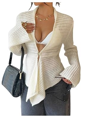 WDIRARA Womens Deep V Neck Cardigan Sweaters Long Bell Sleeve Button Open Front Knit Outerwear