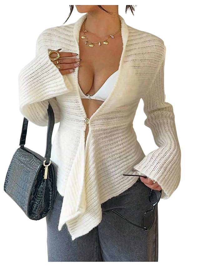 WDIRARA Womens Deep V Neck Cardigan Sweaters Long Bell Sleeve Button Open Front Knit Outerwear