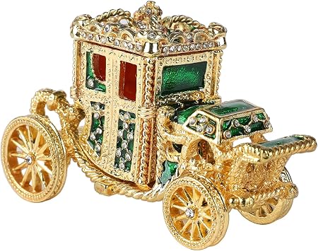 QIFU Hand Painted Mini Green Carriage Figurine Trinket Box Hinged, Unique Gift for Family