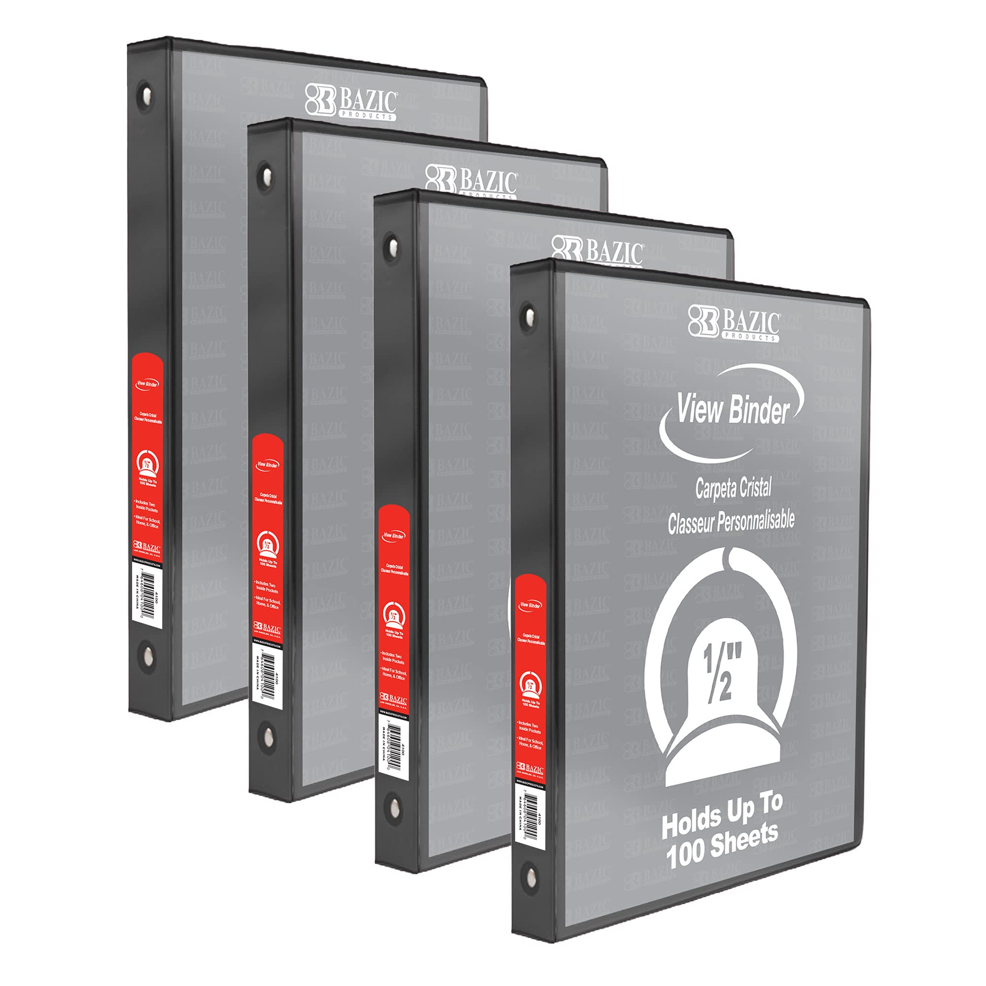 BAZIC Products 1/2 in Black 3-Ring View Binder, Round Ring, 4-Pack