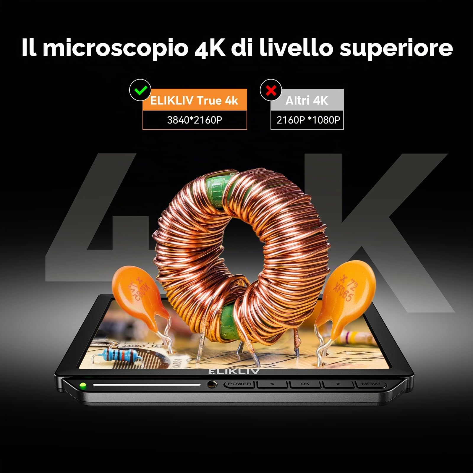Elikliv EM4K Flex 4K Digital Microscopio, 10.1" HDMI Saldatura Microscopio con Flex Arm Stand per Riparazione Elettronica, 52MP Coin Magnifier per Monete Errori, Anello Luce, Silicone Saldatura Mat