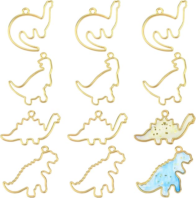 OLYCRAFT 20pcs Dinosaur Theme Open Bezel Charms 4-Style Alloy Frame Pendants Color-Lasting Hollow Resin Frames with Loop for Resin Jewelry Making - Gold