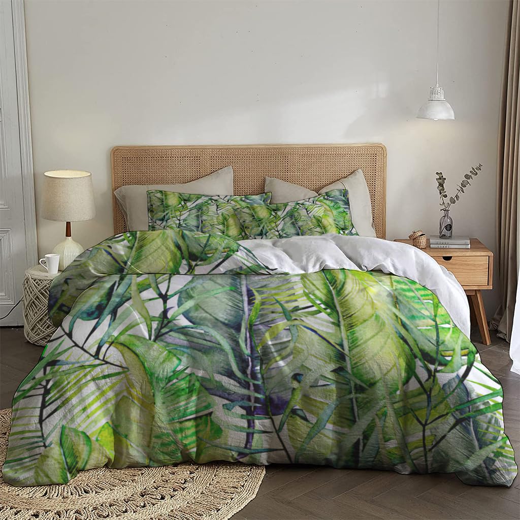 NIBAINLO 布団カバー水彩画 トロピカル グリーン イエロー リーフ 肌に優しい ピーチスキン加工 掛け布団カバー 和式 洋式 あったか 布団カバーセット リバーシブル ホームステイ ホテル 家庭兼用