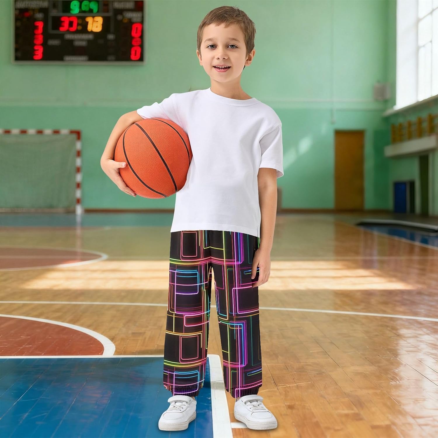 Boy Sweatpants Neon-Colored Lines Joggers Casual Athletic Pants Kids Elastic Waist Cuffed with Pockets