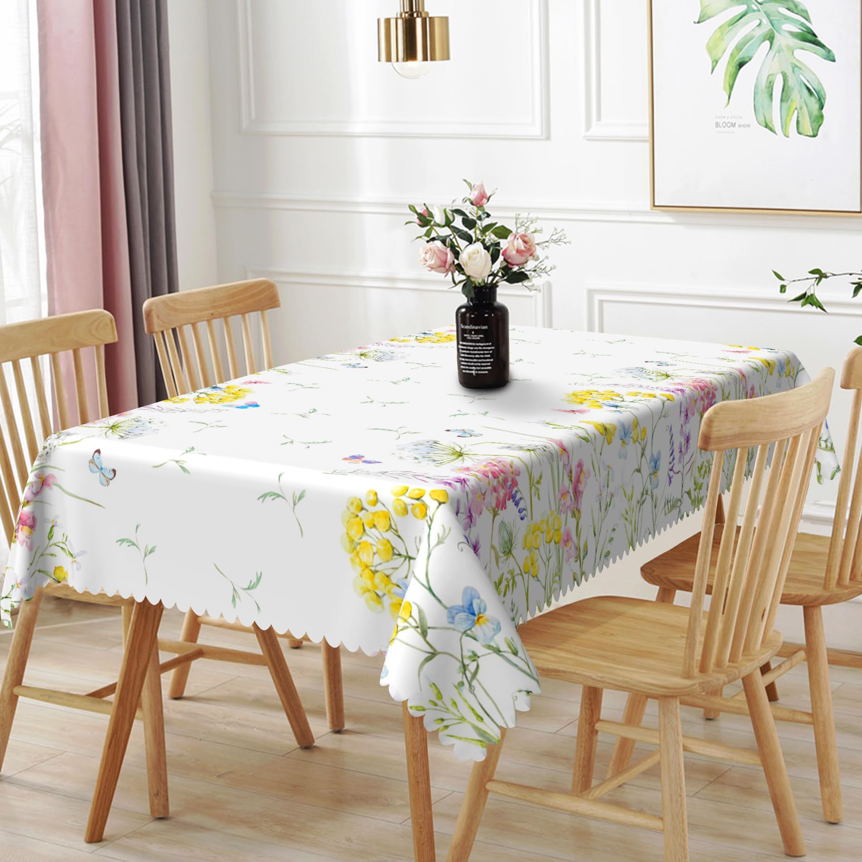 TTQYFNM 70x140inches Spring Floral Rectangle Tablecloth Yellow Pink Flowers Colorful Butterfly Printed Table Cloth Waterproof Table Cover for Dinning Room Home Kitchen Patio Garden Picnic Party Decor