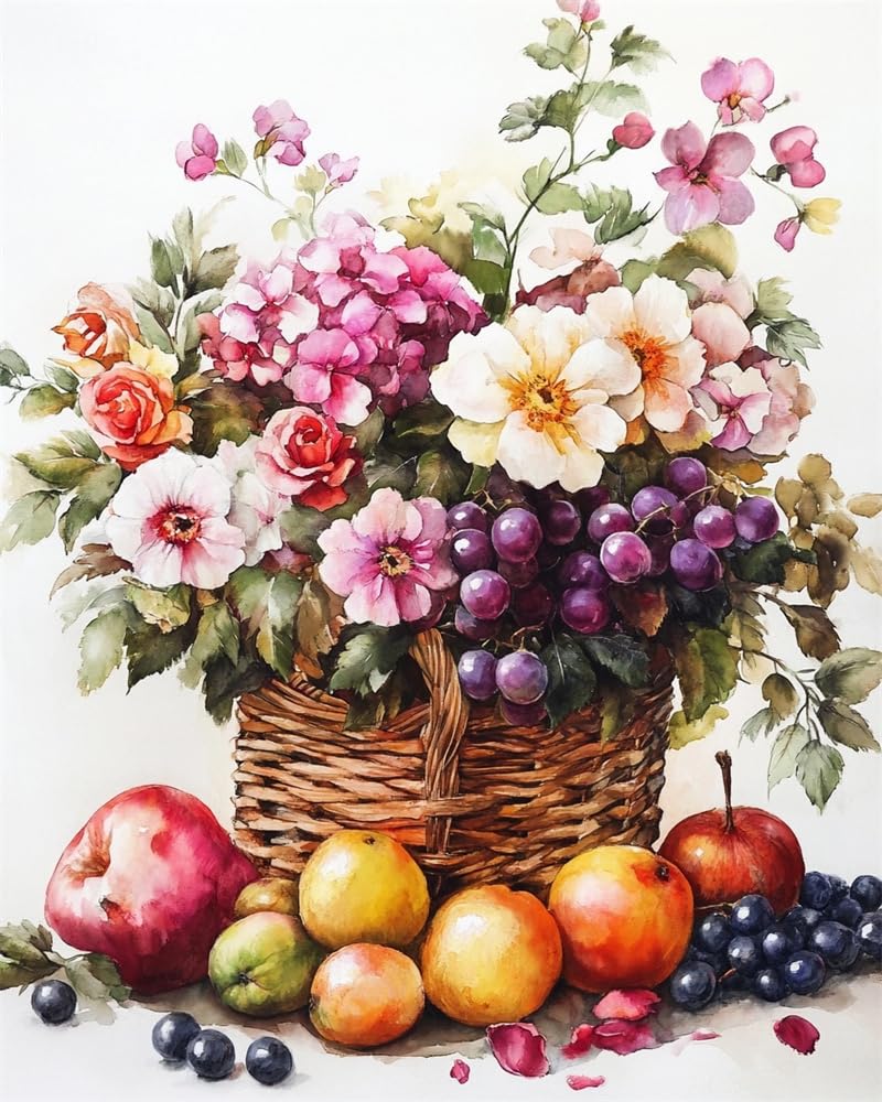 Henypt Bead Embroidery Cross Stitch Kit Fruit Basket and Flowers –9Ct DIY Craft Set with Beads, Pre-Printed Fabric & Needle, Handmade Embroidery Kit for Adults, Beginners & Home Décor