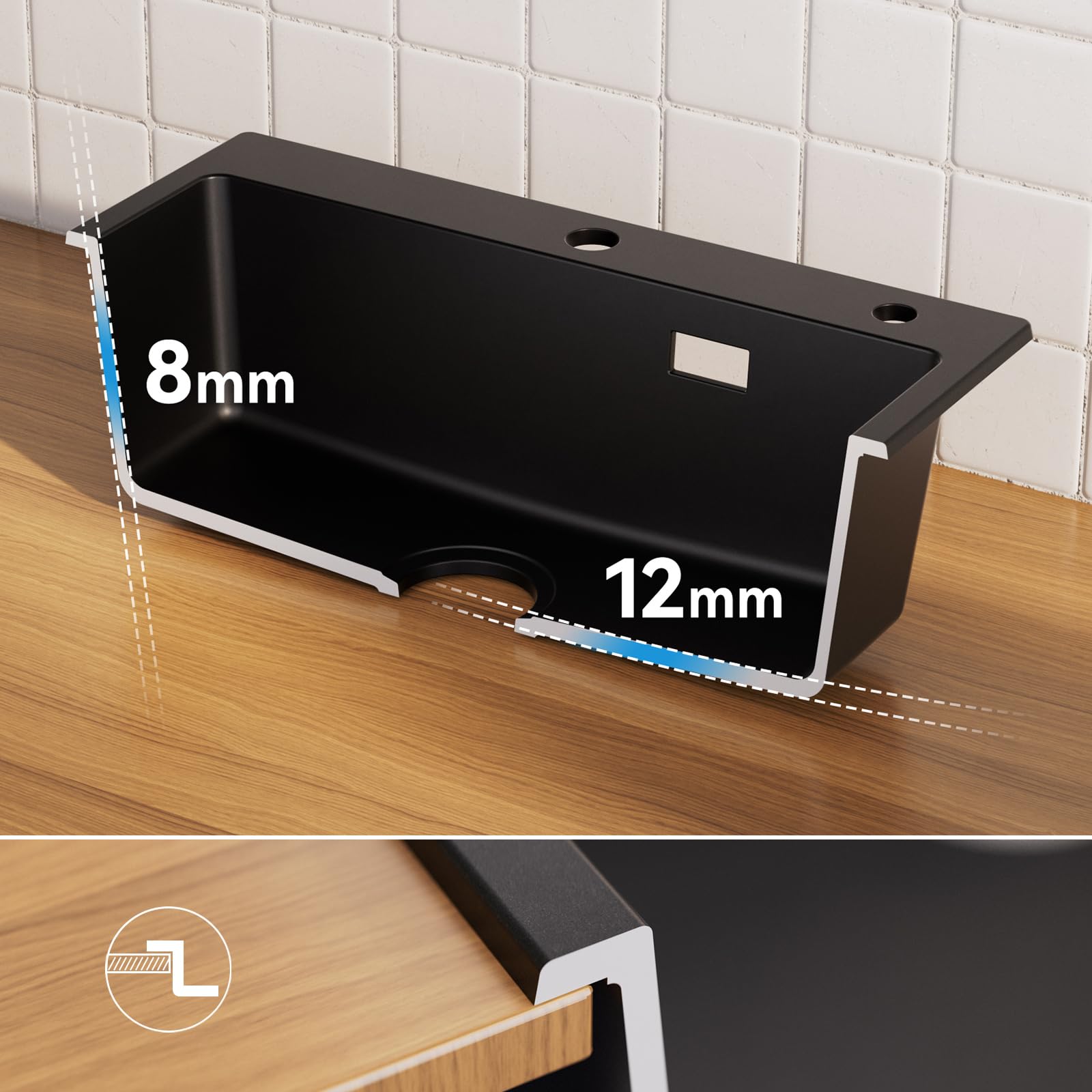 Set di lavello da cucina in granito nero, 60 x 45 cm, con miscelatore e rubinetto girevole a 360°, 2 tipi di getti