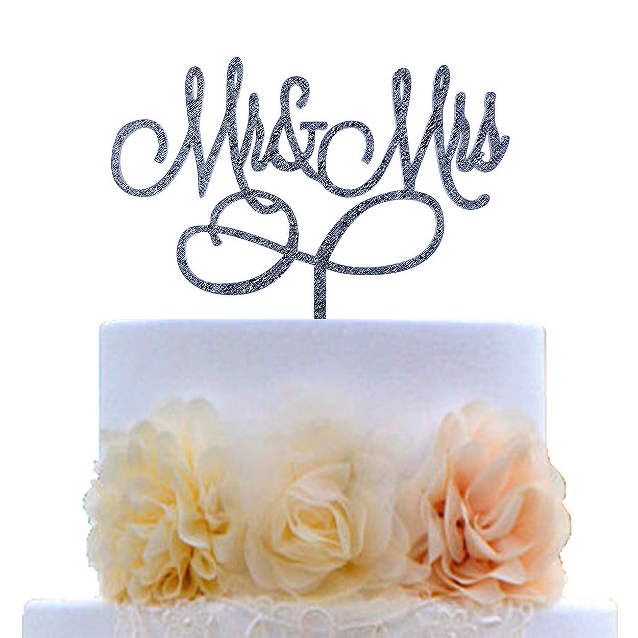 Mr and Mrs Cake Topper Bride And Groom Sign Wedding Engagement Cake Toppers Decorations (Silver Glitter Acrylic)