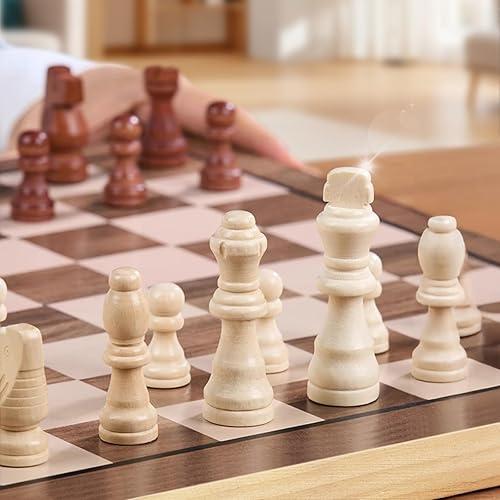 Miniatura 3 de Juego de ajedrez de madera de 15 pulgadas, tablero de ajedrez magnético para adultos y niños, juego de ajedrez de viaje plegable con 2 piezas extra