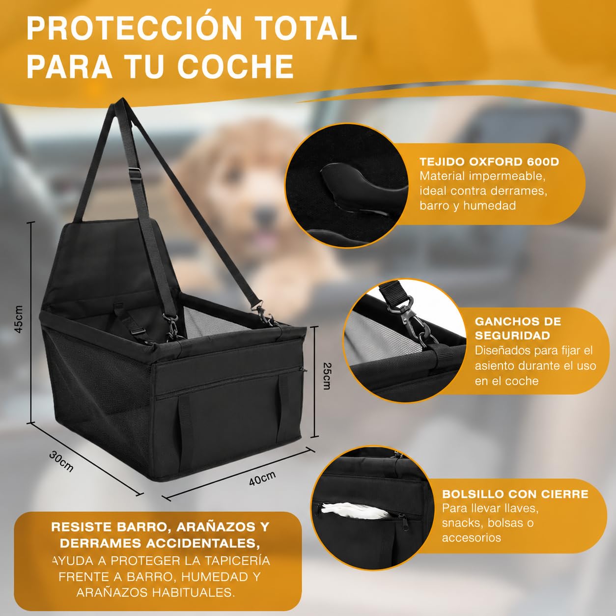 Transportin Perros y Gatos de Coche | Base Rígida y Tejido Impermeable con Correas Ajustables |Viajes Comodos y Tranquilos | Incluye Cinturón de Seguridad y Bol de Viaje Plegable | 40x40x32 cm.