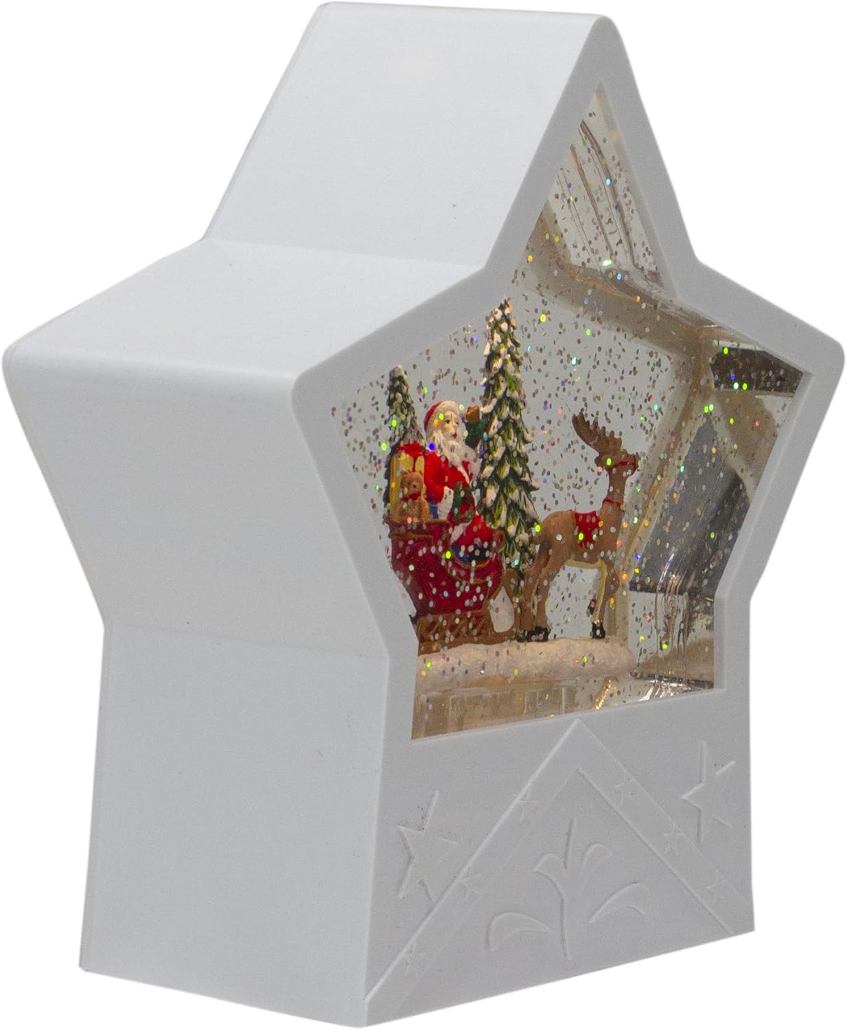7" Lighted White Star Christmas Snow Globe with Santa in Sleigh