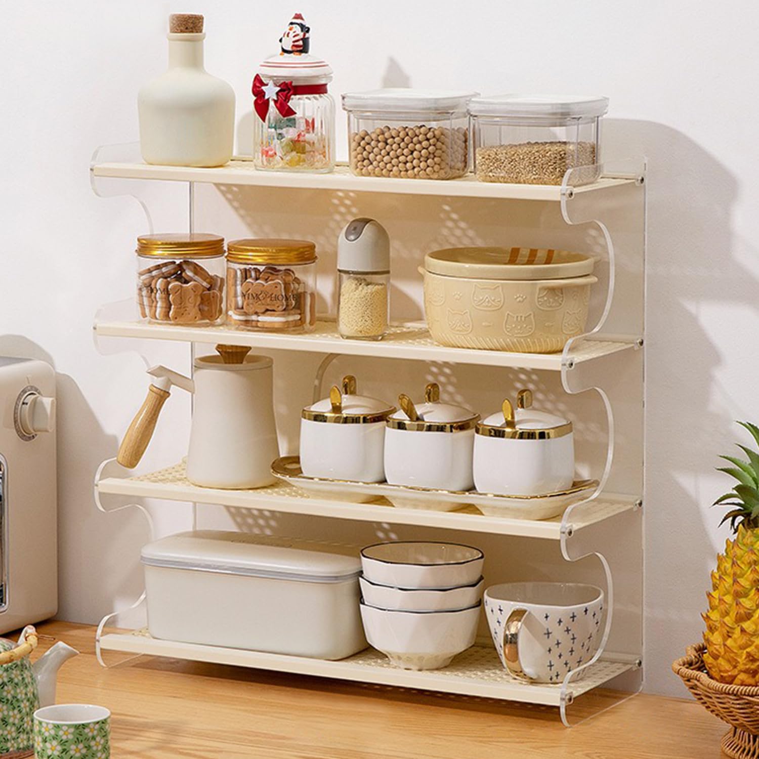 2-4 Etage Gewürzregal Stehend, Küchenregal Arbeitsplatte Spice Rack Rattan-Flechtwerk Kaffeebar Kaffee Organizer Kosmetikregal Ausstellungsregal Für Küche Badezimmer,Cream,50 * 18 * 51cm