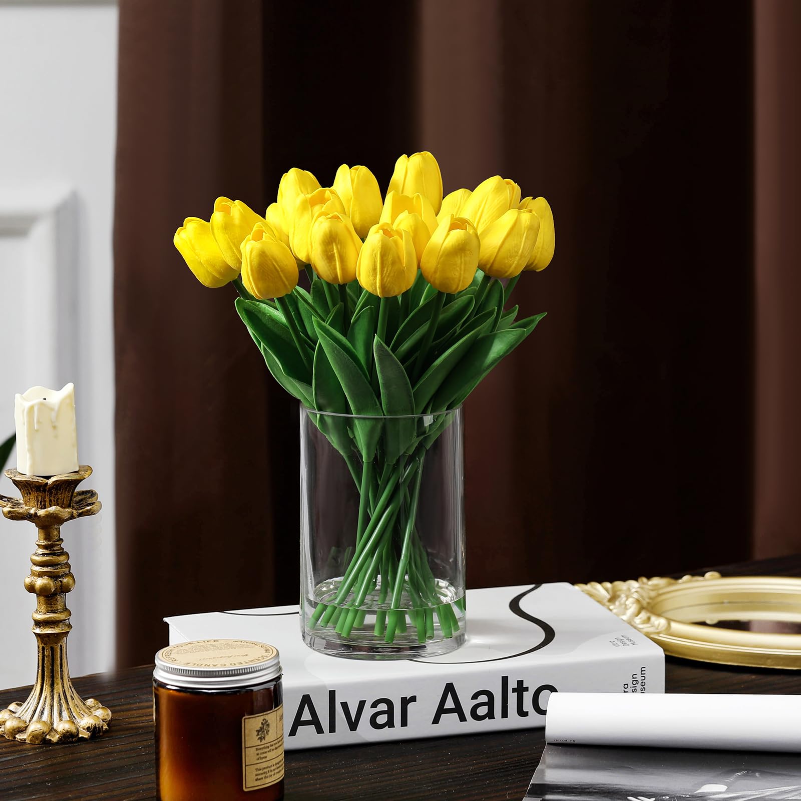 Künstliche Tulpen in Vase, künstliche Tulpen mit Vase und künstlichem Wasser, für Heimdekoration, Esstisch, Gelb, 20 Stück