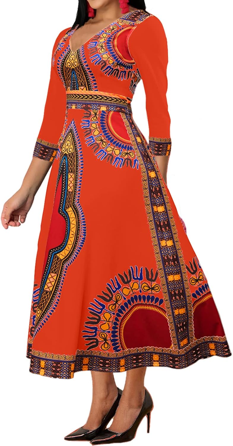African Dresses for Women Elegant V Neck 3/4 Sleeve Casual Long Maxi African Attire Dress - Image 2