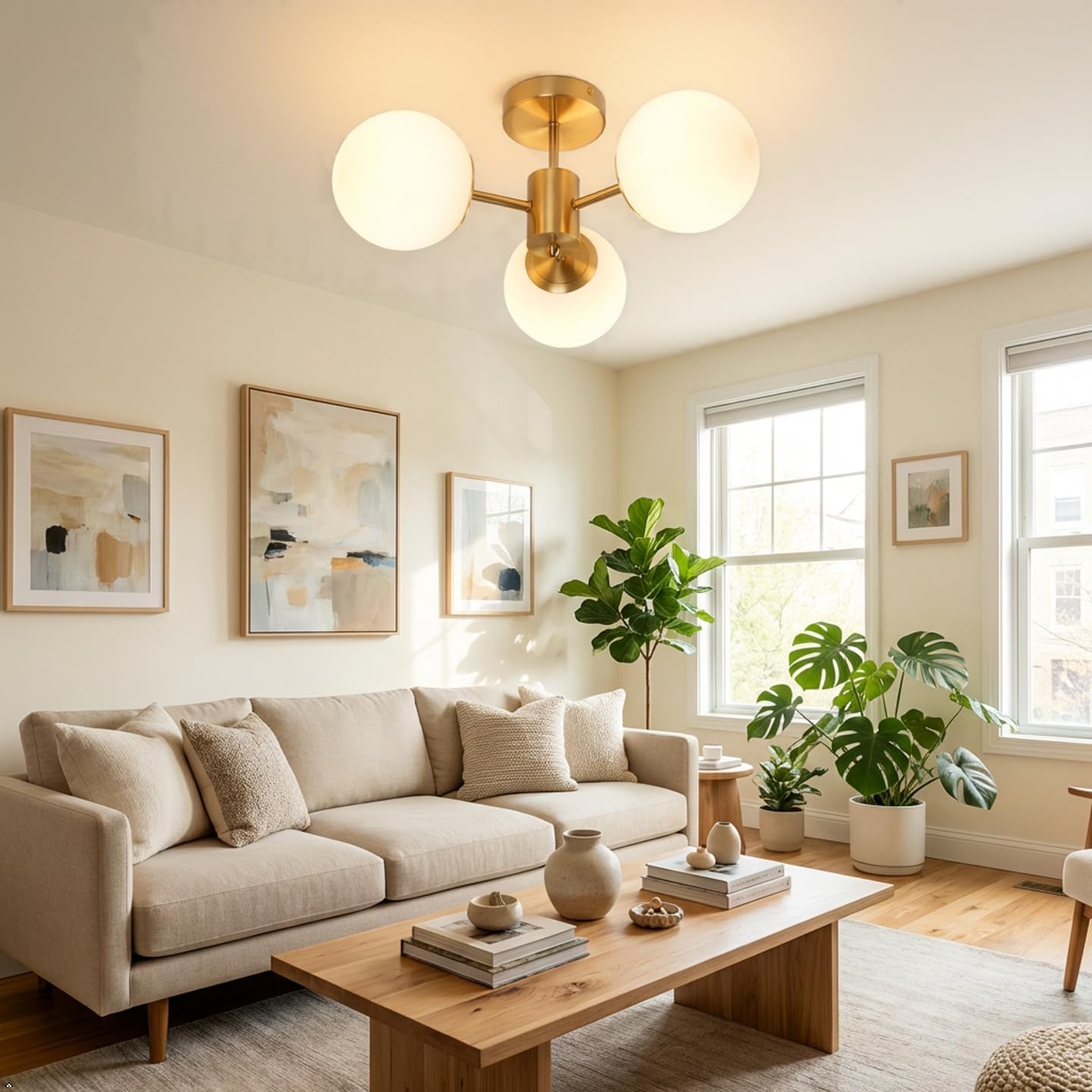 3 Lights Semi Flush Mount Ceiling Light Mid Century Modern Brass Ceiling Light Milk Glass Sputnik Small Chandelier for Bedroom Dinning Room Foyer Hallway