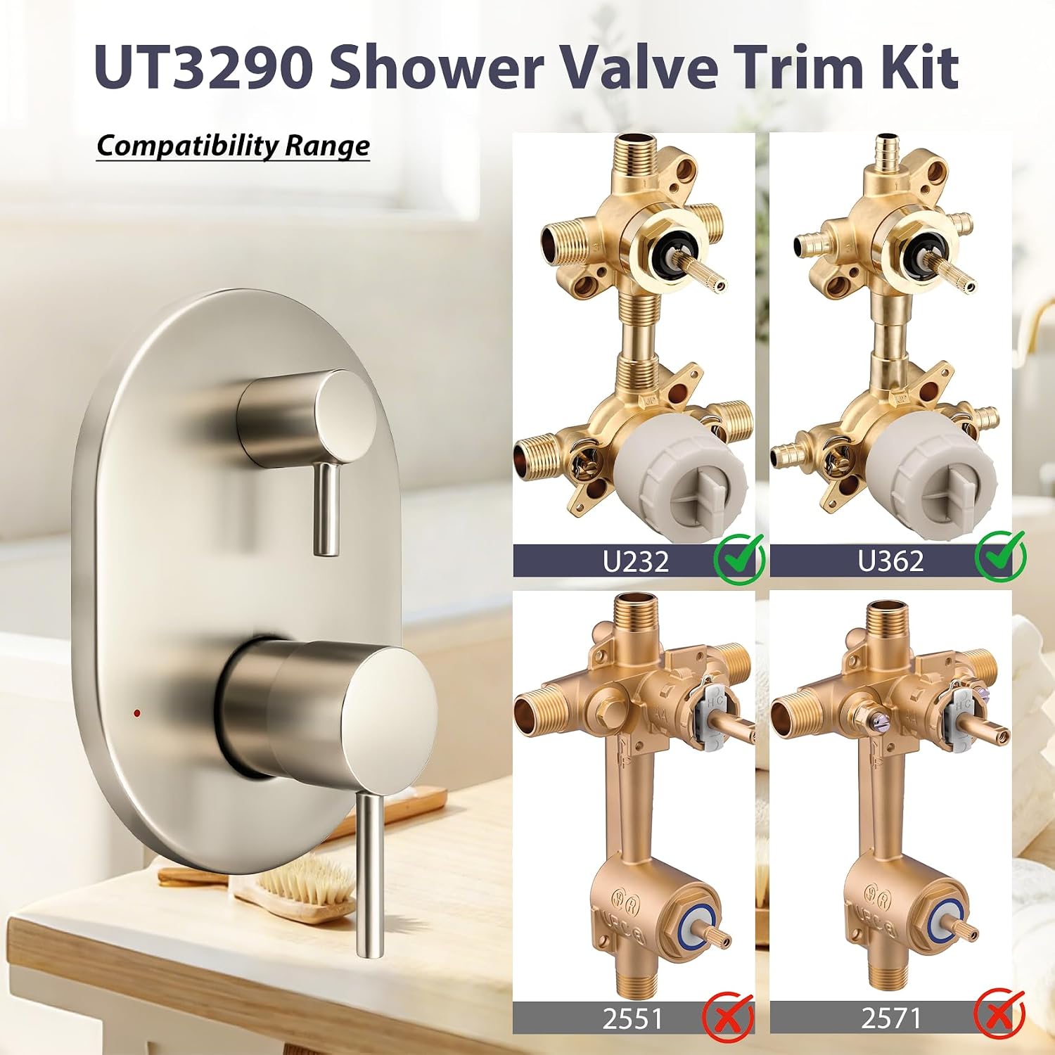 Condition photo showing As Is for ut3290bn shower valve trim kit for moen align brushed nickel m-core 3-series 2-handle shower faucet trim, shower trim ut3290 ut3290bl ut3290bg, include 1213 cartridge, u232 u362 valve required -2 year