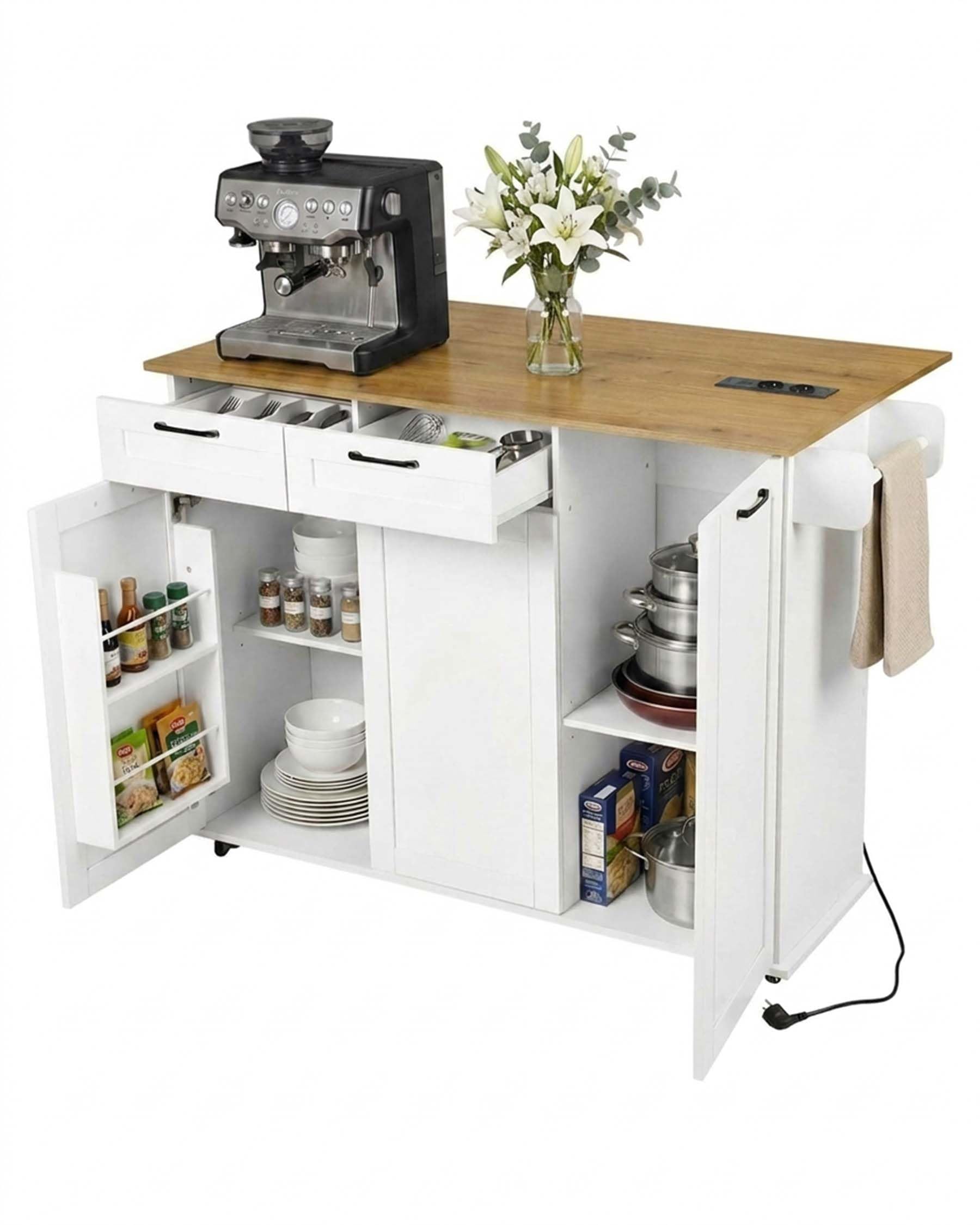 Îlot de Cuisine avec Prise et Plan de Travail Pliable Meuble Cuisine avec roulettes Buffet Cuisine avec Rangement 2 tiroirs et 2 Portes Blanc/chêne 120 x 74 x 94,5 cm