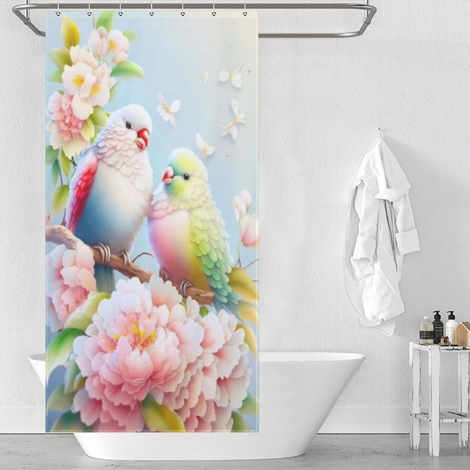 Rideau de douche oiseau tissu polyester lavable imperméable 92x183 avec 12 crochets salle de bain