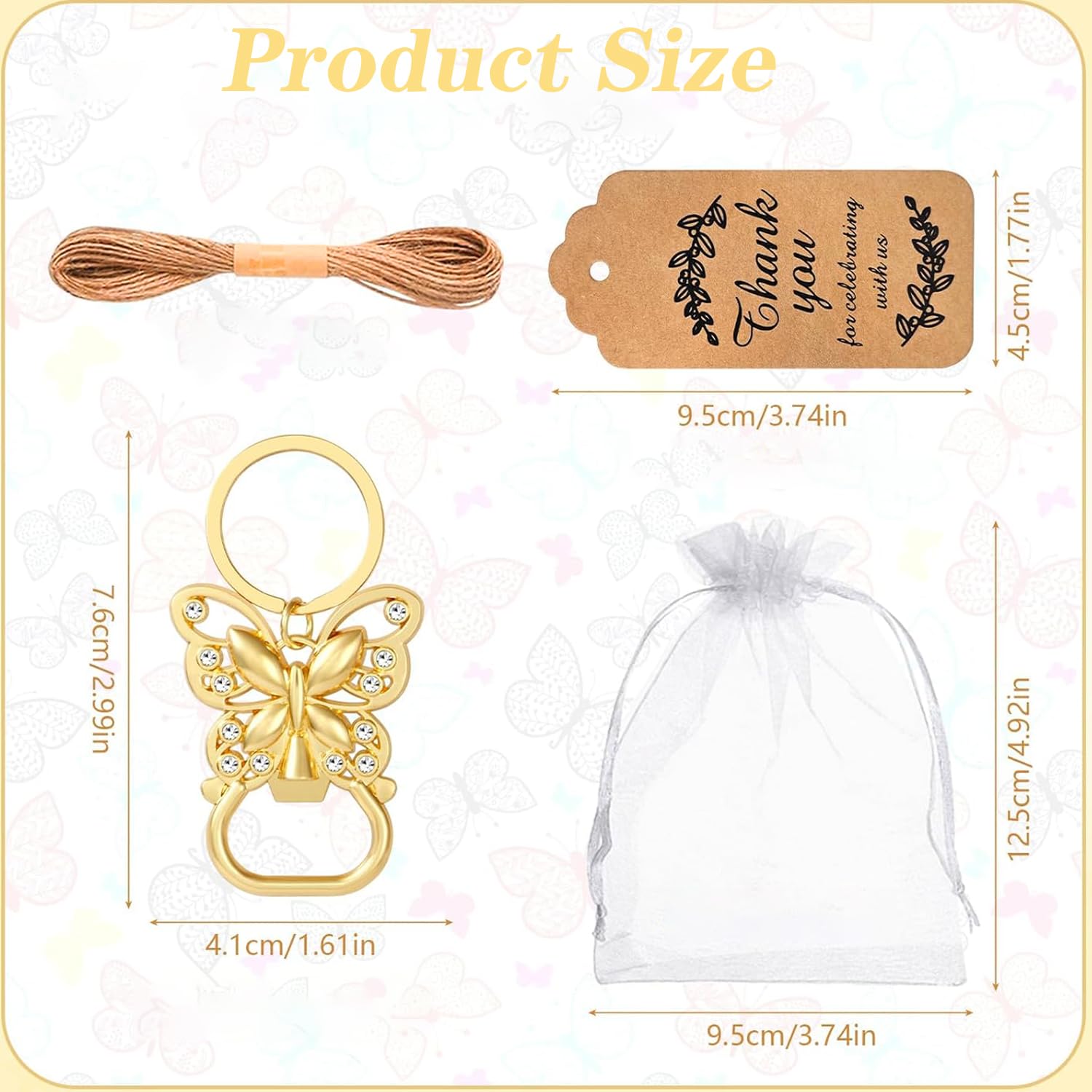 Schmetterlings-Flaschenöffner, Schlüsselanhänger, Geburtstag, Party, Gastgeschenke, Hochzeit, Brautparty, Babyparty, Souvenirs für Gäste, Gold-Bierflaschenöffner mit Dankeskarte, Taschen (50 Stück)