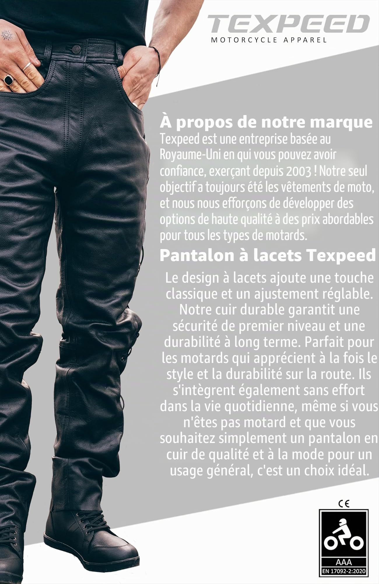 Texpeed Pantalon moto hommes - De tourisme en cuir lacet pour Moto Cruiser avec protection authentique biker CE armor (EN 1621-1) Noir - 6XL