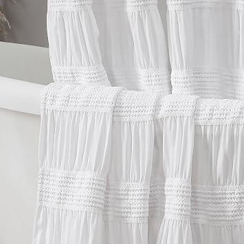 White Shower Curtain, Farmhouse Rustic Striped Textured Fabric Shower Curtain for Bathroom, Hotel Style, Machine Washable, White, 72x72 inch