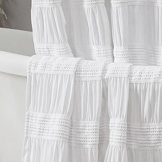OWENIE White Shower Curtain, Farmhouse Rustic Striped Textured Fabric Shower Curtain for Bathroom, Hotel Style, Machine Washable, White, 72x72 inch