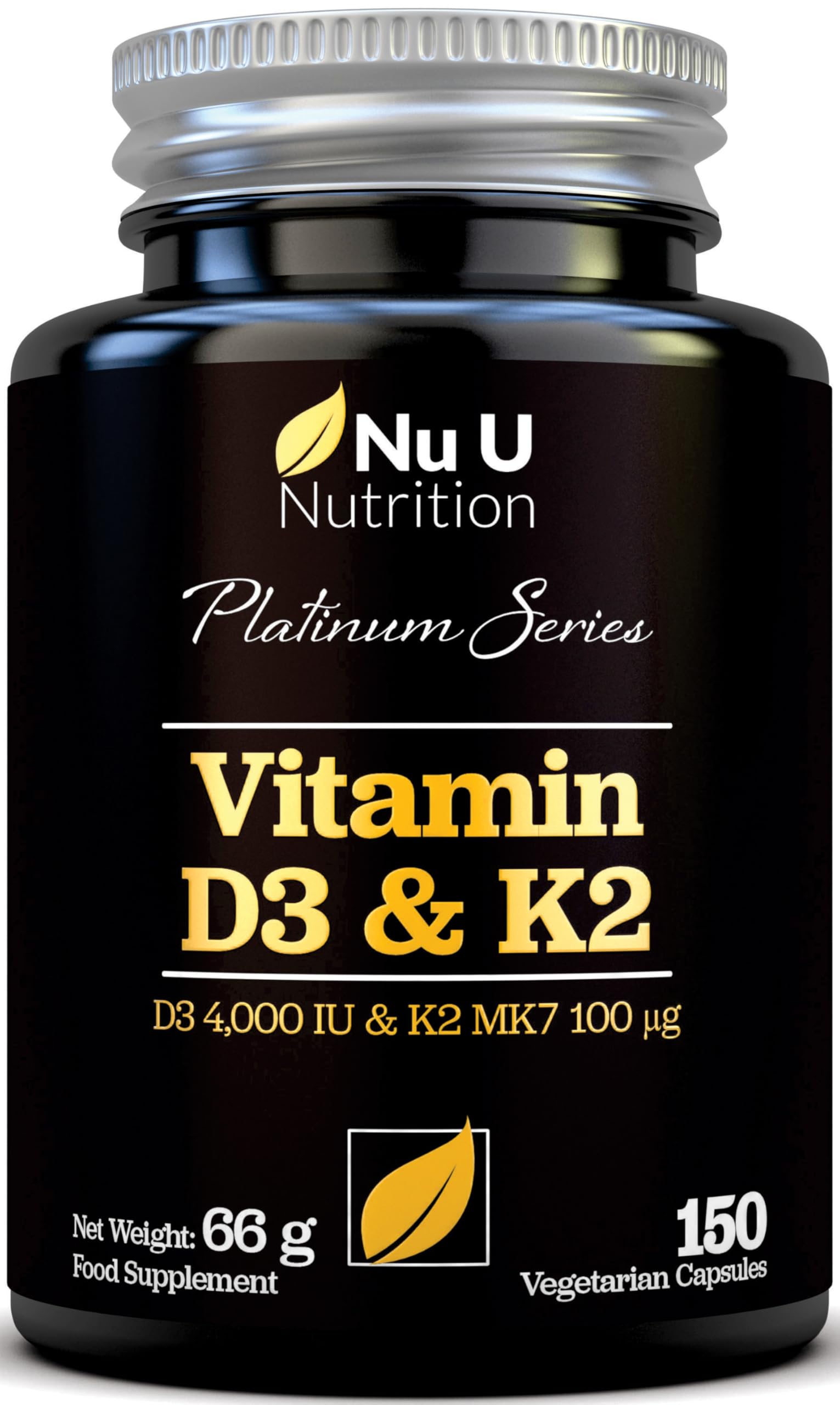 Vitamin D3 4000 IU and Vitamin K2 MK7 100μg - 150 Vegetarian Capsules - 5 Month Supply - High Strength Vitamin D K2 Supplement - Made in The UK - Nu U Nutrition