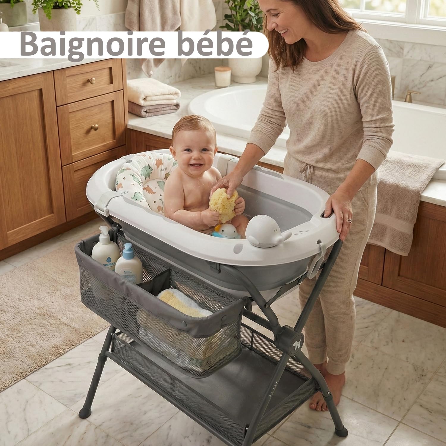 Table à Langer Bébé 2-en-1 avec Baignoire Pliable Pied Hauteur Ergonomique Thermomètre Gris