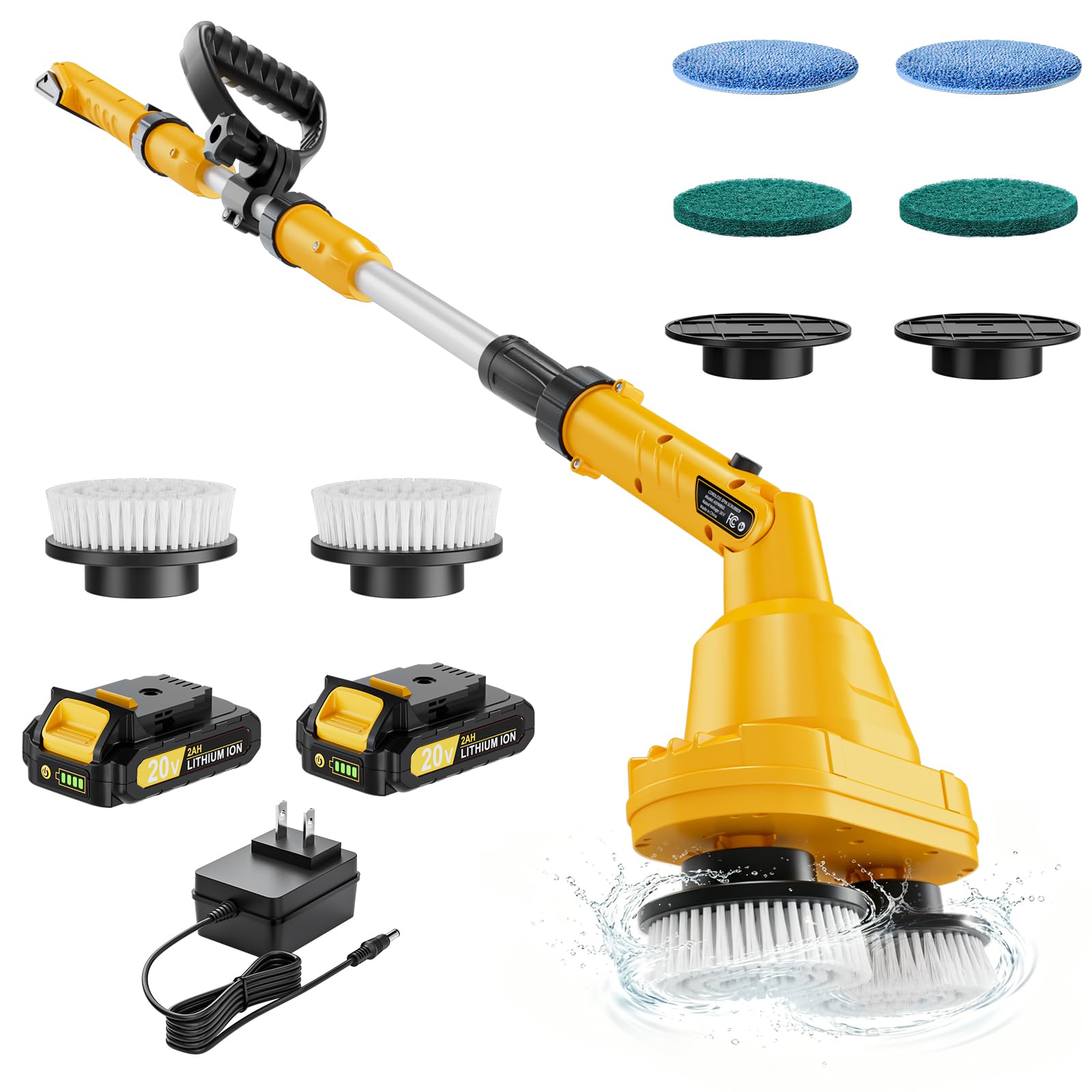 NATBEESY Electric Spin Scrubber Kit, Cordless Battery Electric Mop, Dual-Head Power Scrubber, 680/1200 RPM, 45° Adjustable Head, Extendable Handle for Tile, Tub, Floor, Bathroom