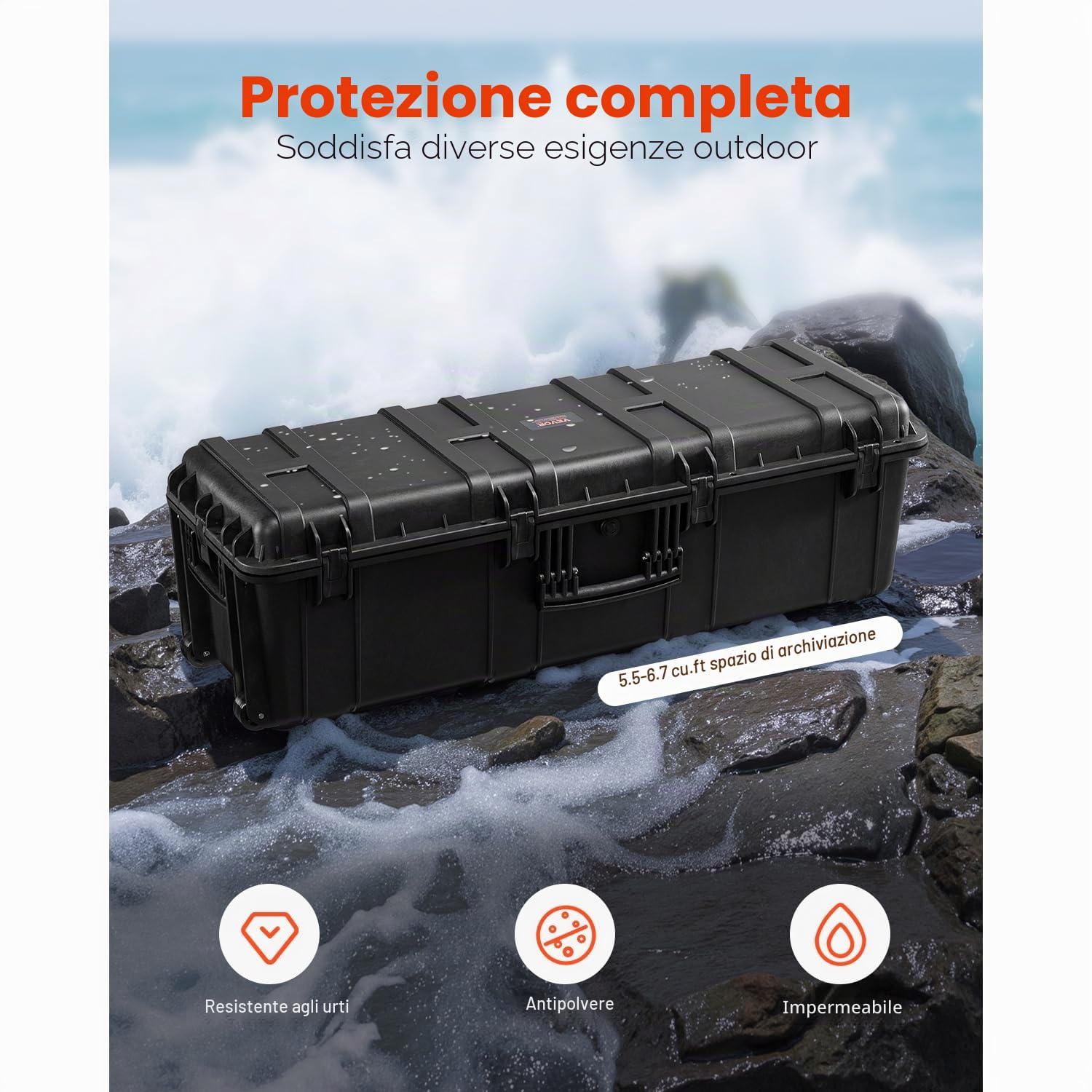VEVOR Custodia Rigida Impermeabile 155,7 L, Custodia Protettiva Resistente alle Intemperie IP67 con 6 Clip, 6 Fori e 3 Maniglia per Lucchetto e Schiuma Inserita per Apparecchiature Grande, Nero