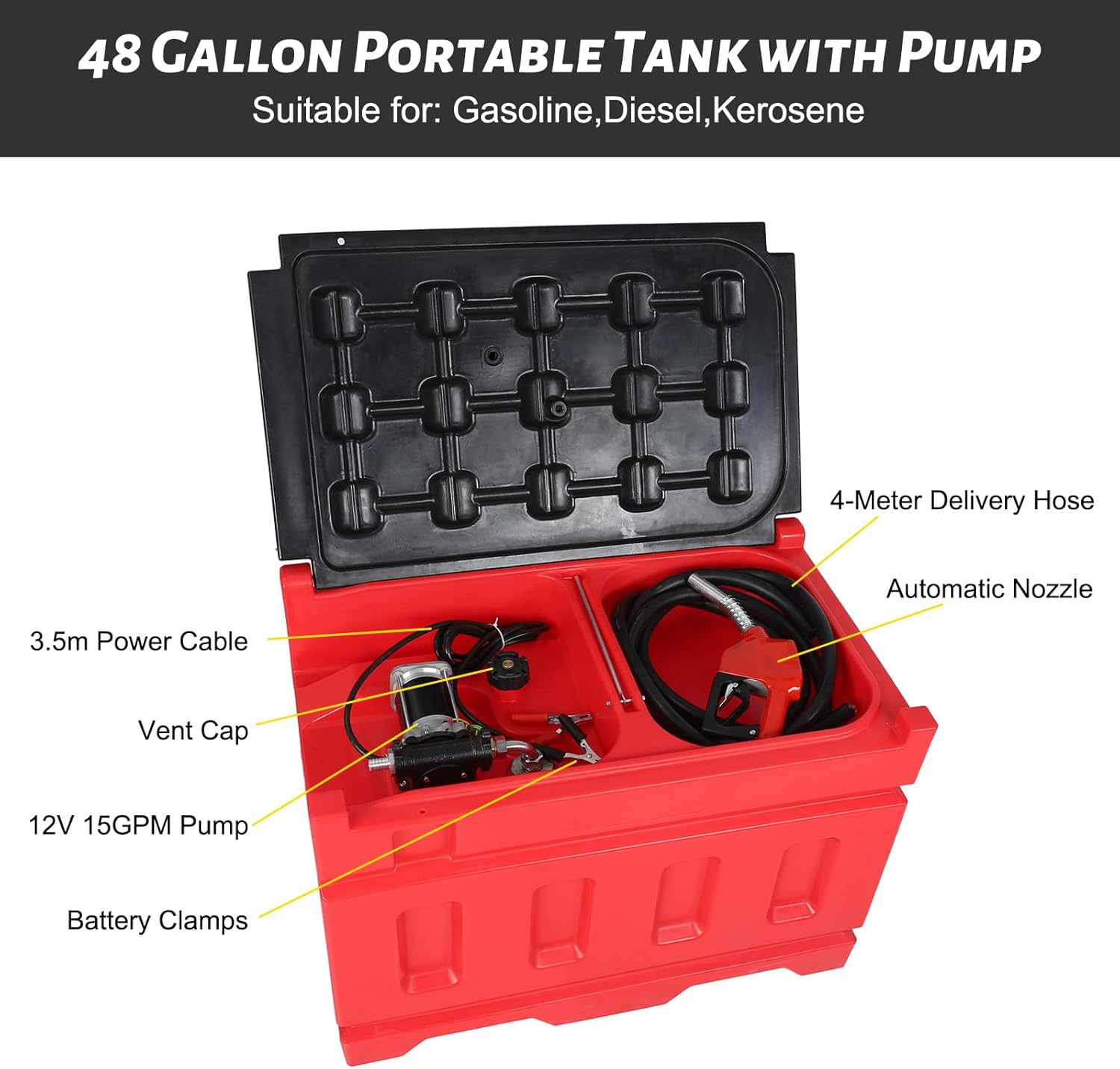 Portable Gasoline & Diesel Tank, 48 Gallon Capacity & 15 GPM High Flow Rate, Fuel Tank with 12V DC Transfer Pump and 13.1ft Rubber Hose, Auto Fueling Nozzle for Easy Fuel Transportation, Red