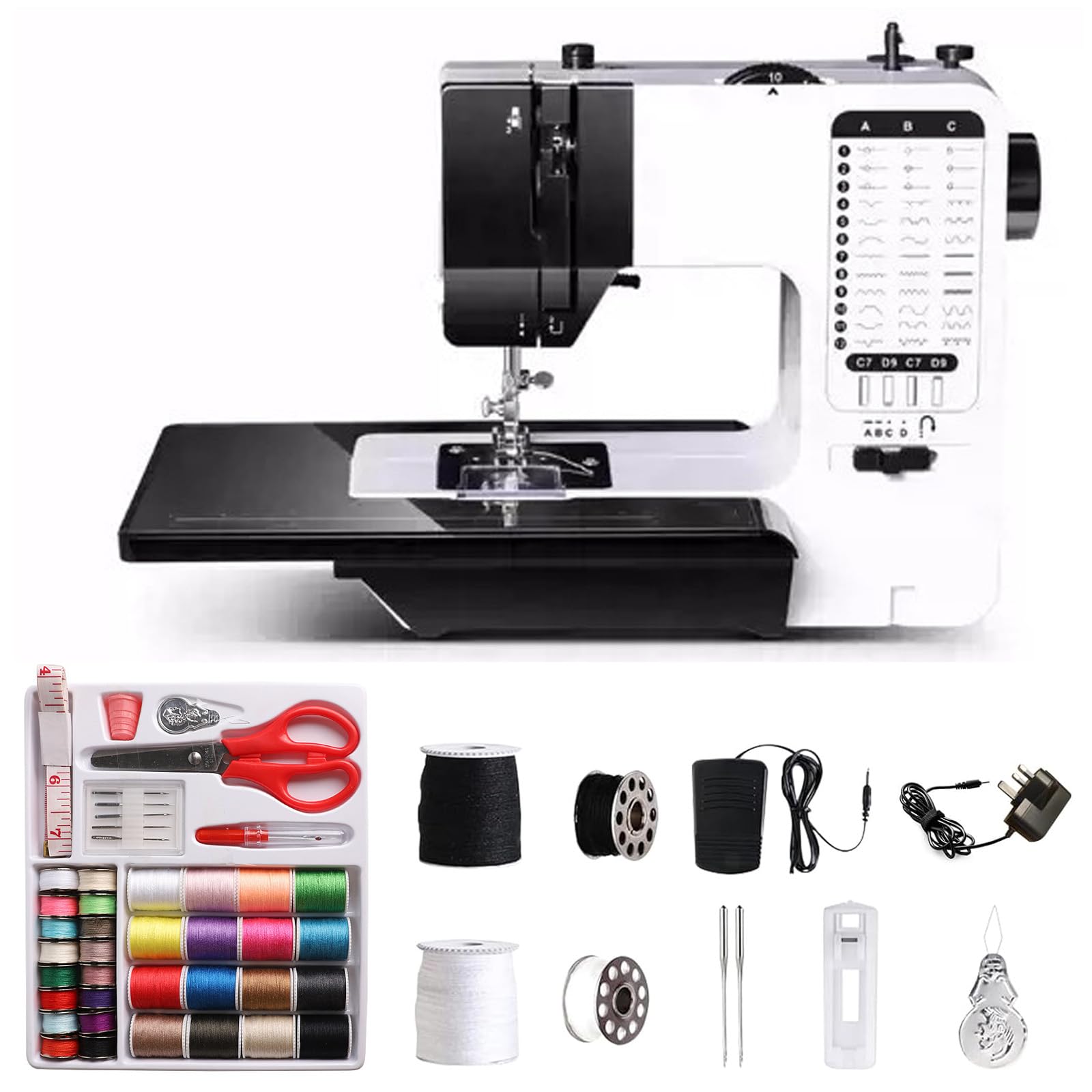 Nähmaschine mit Anschiebetisch, Nähmaschine mit Fußpedal & Nähset, nähmaschine für Anfänger, Tragbare nähmaschines mit LED Licht & Fußpedal, Nähzubehör Set für Kleidung, Bettlaken, Kissenbezüge