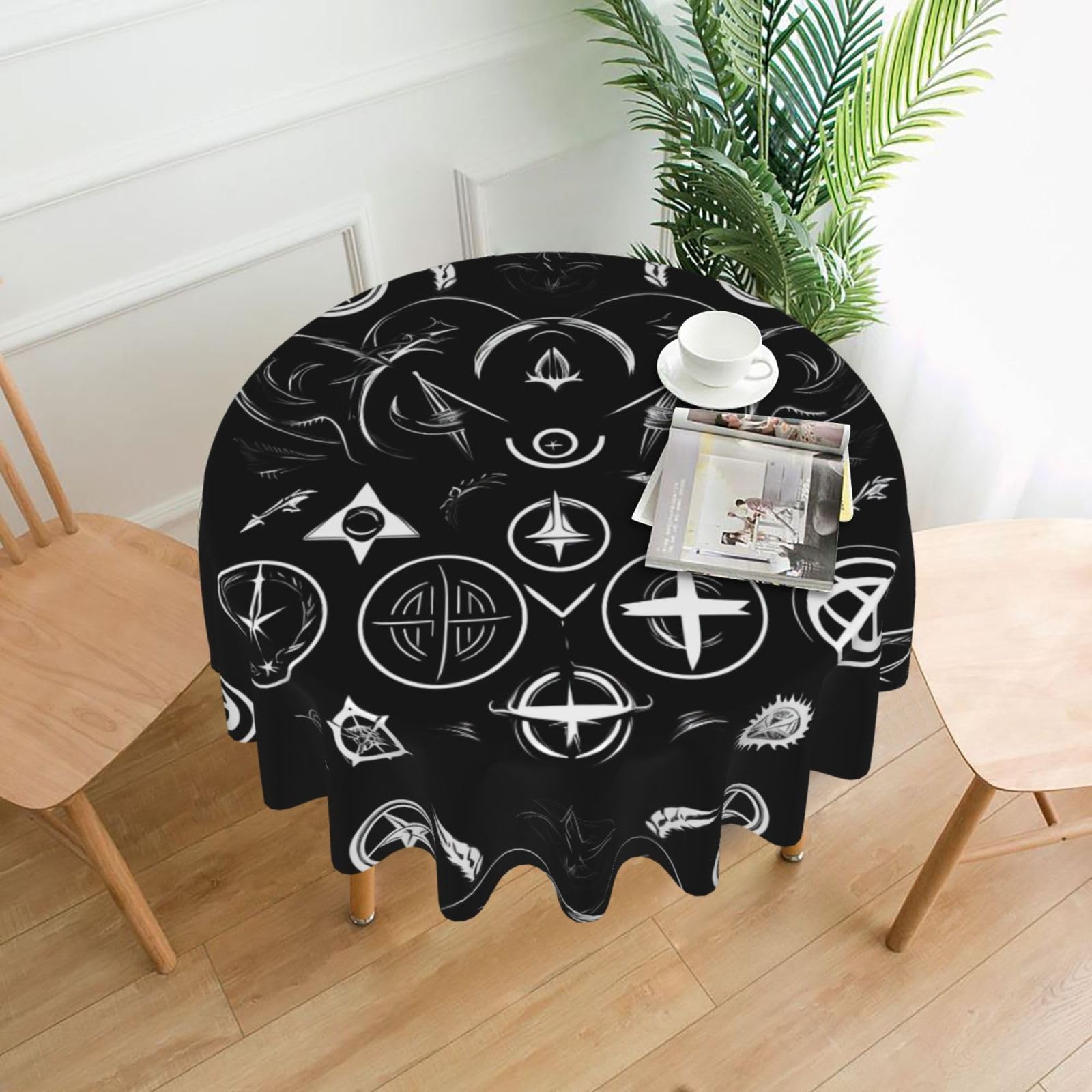 Nbtghga Supernatural Symbols Black Print Tablecloth Round Border Table Cloth Cover Decorative For Party Holiday Dinning Tabletop Home