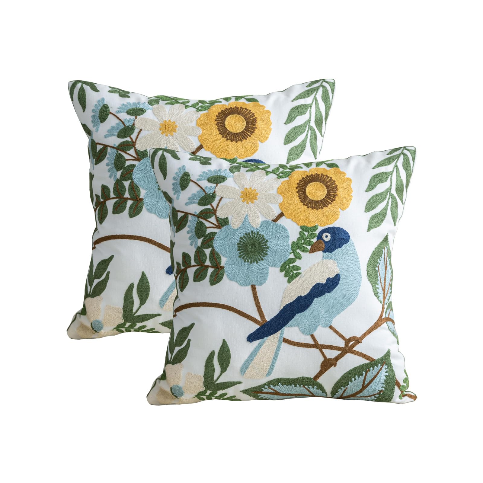 YIcabinet Confezione da 2 federe decorative, motivo fiori e uccelli ricamate, morbide federe decorative per divano di casa, divano, 45 x 45 cm