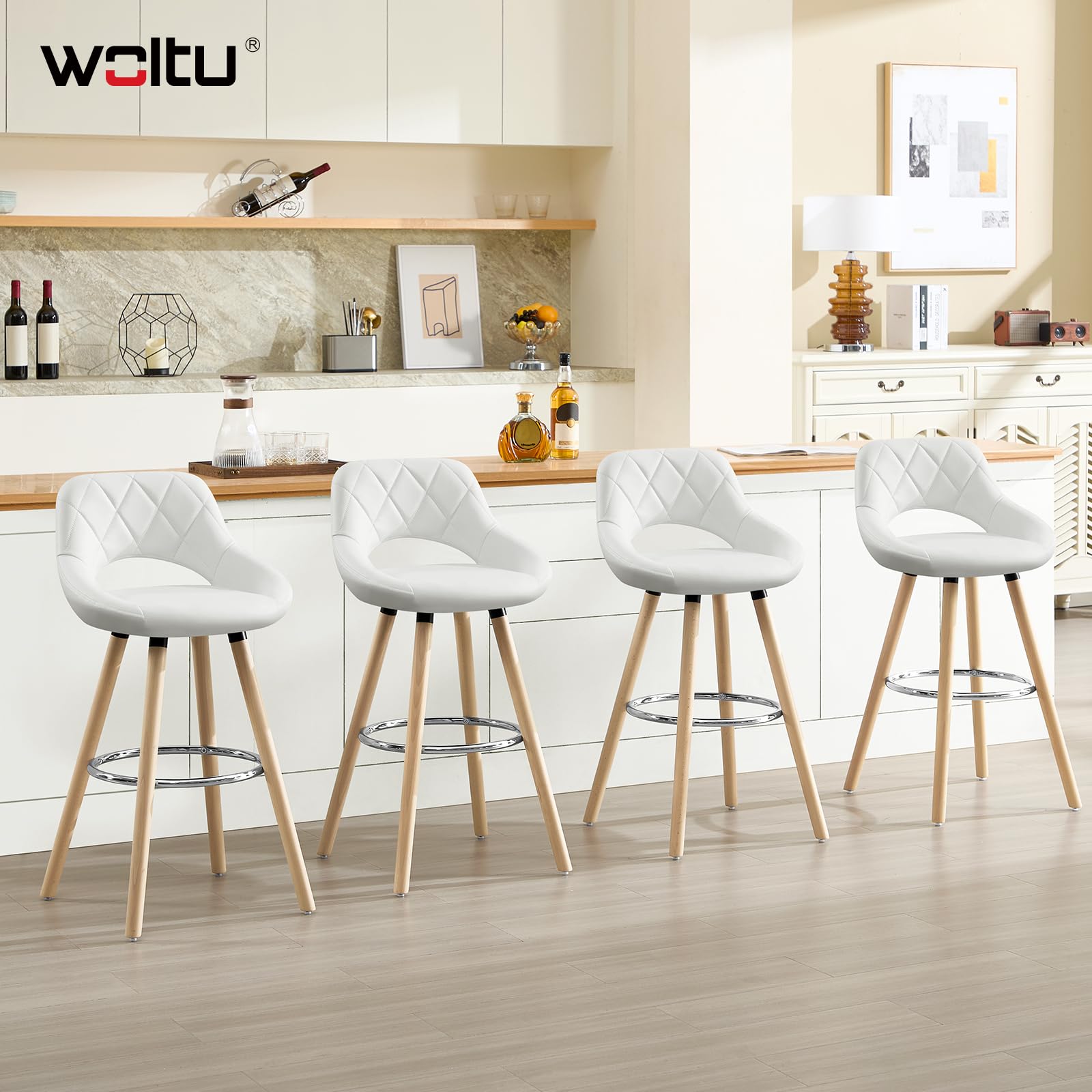 WOLTU Juego de 2 Taburetes Altos con Respaldo Ahuecado y Reposapiés, para Bistro, Cafeteria y Cocina, con Funda de Piel Sintética y Patas de Madera, Blanco