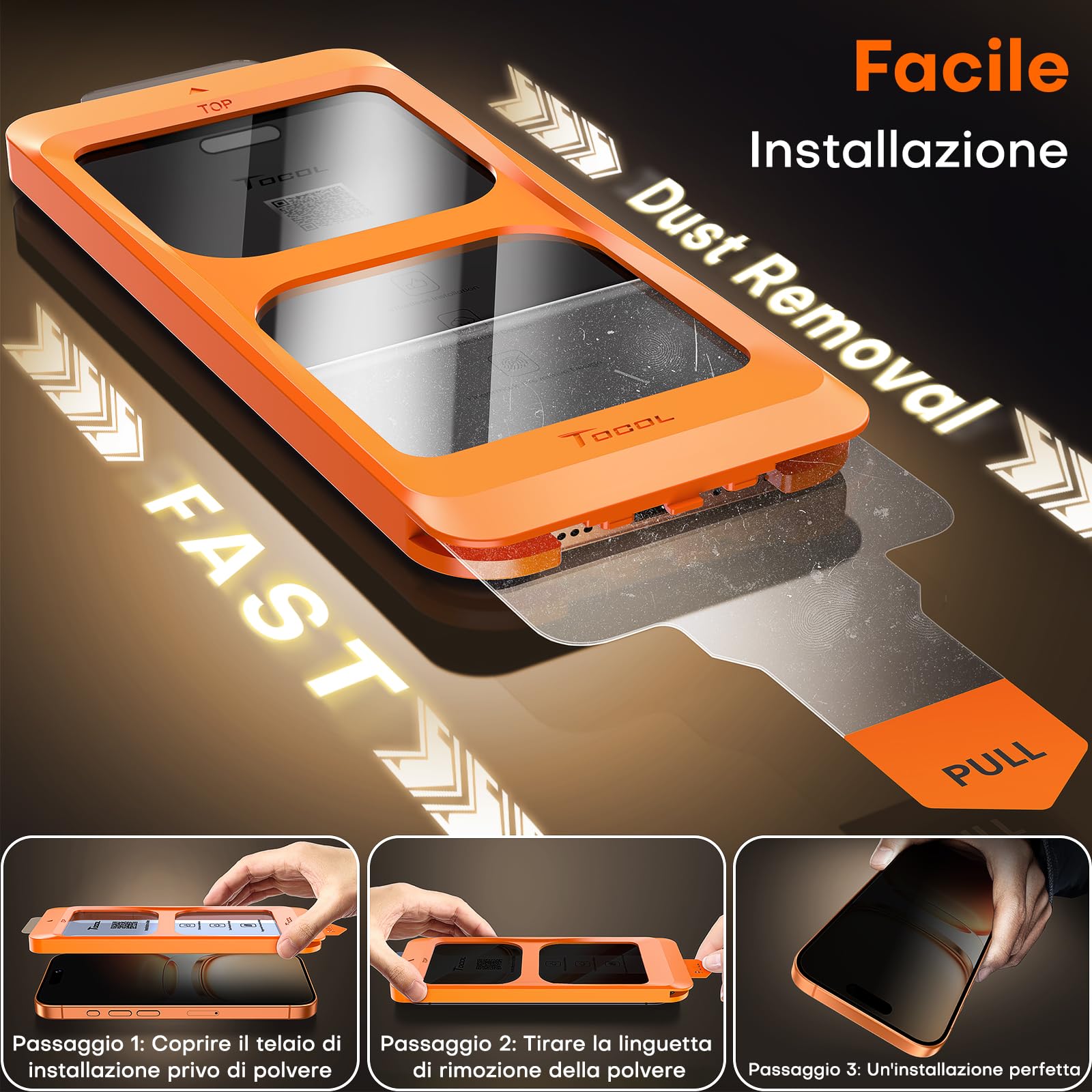 TOCOL Privacy Pellicola Vetro Temperato per iPhone 17 Pro Max/iPhone 16 Pro Max, 25° Reali Anti-Spy, Rimozione Automatica Della Polvere, Copertura Completa, Senza Bolle, Durezza 9H, 2 Pezzi