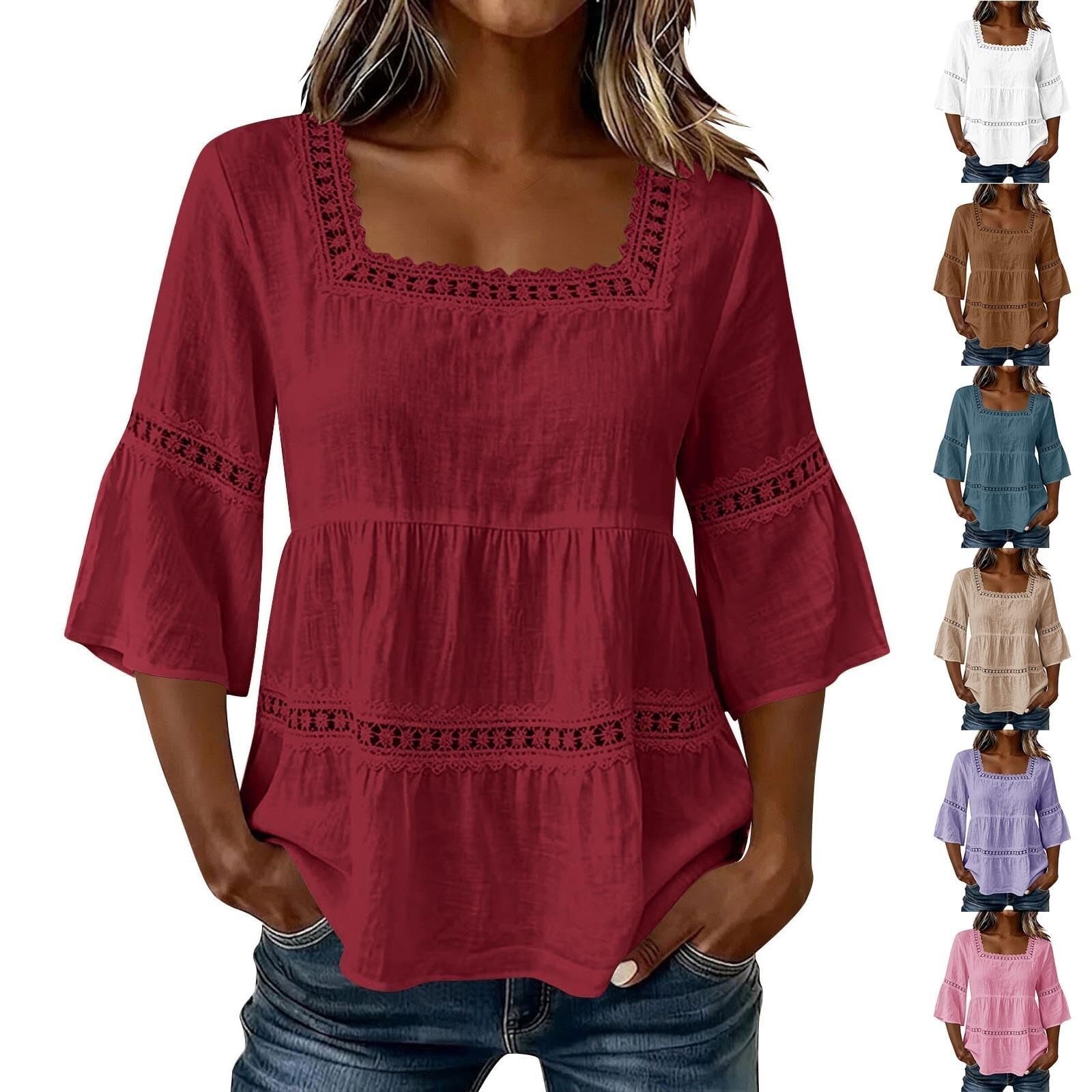 Camicetta da donna con maniche a 3/4, in lino, scollo quadrato, in pizzo, da spiaggia | Materiale arioso in cotone e lino, elegante scollo quadrato, dettagli in pizzo femminile