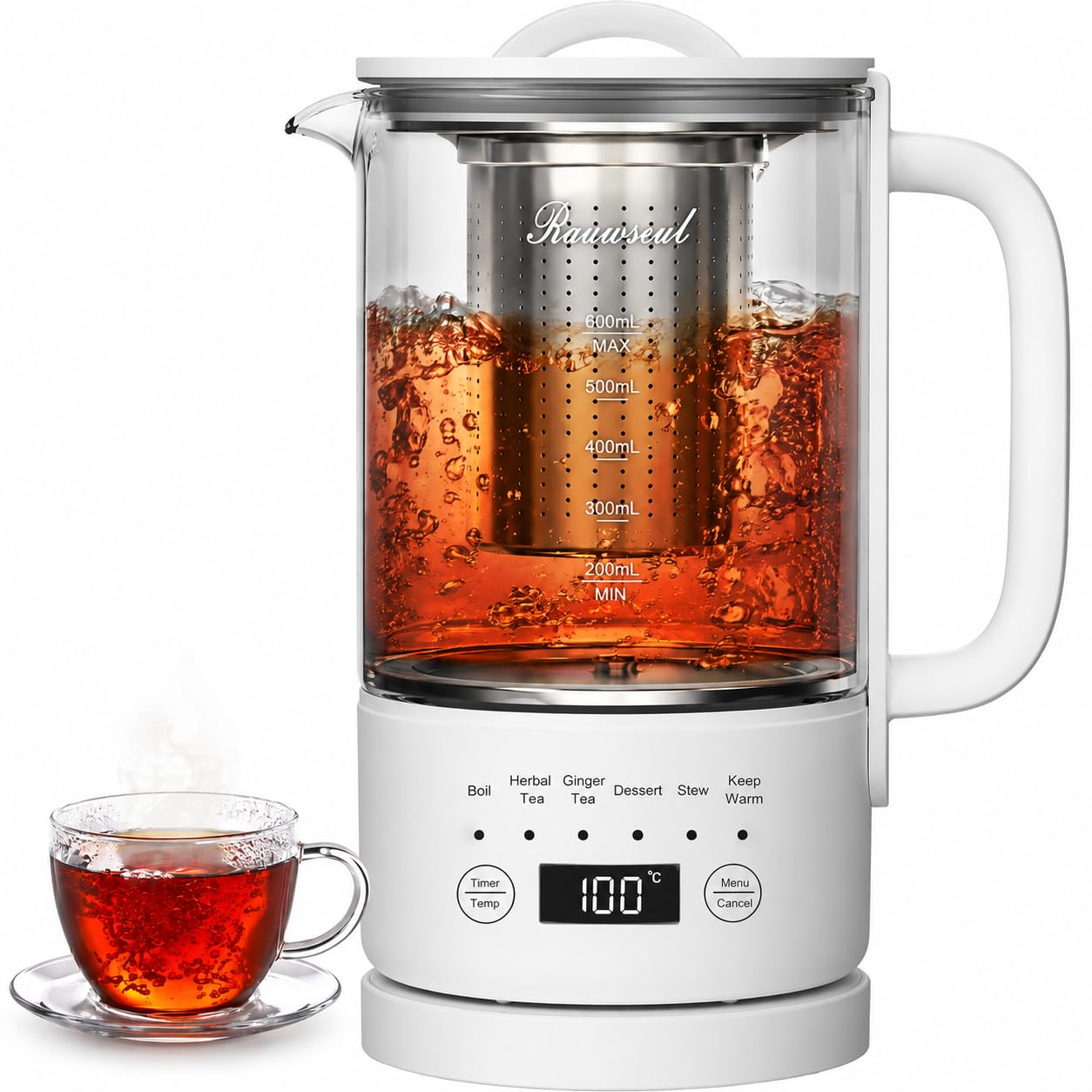 Hervidor de Vidrio 0,6L, 500W Control Temperatura, Táctil | Temporizador 24h, Sin BPA, para Té y Café, Compacto para Oficina y Hogar, Apagado Automático