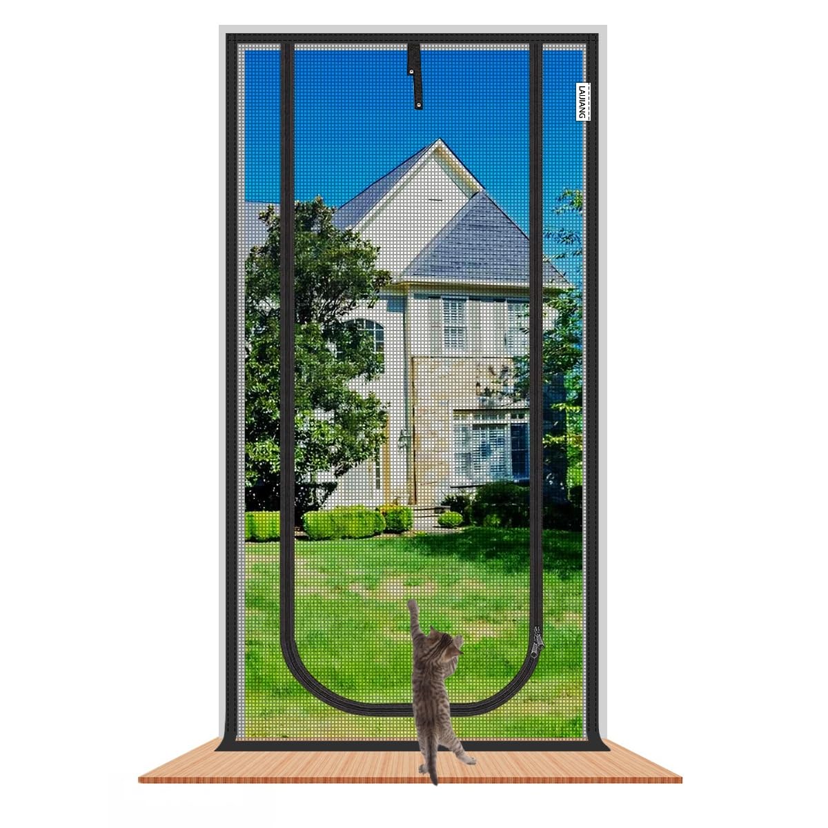 Laijiang Black U Cat Screen Door, Reinforced Mesh Screen Door With Double Zipper Easy Access, Keep Cats Indoors Prevent Pets Escape, Scratch Proof & Keeping Air Fresh(100X220cm)