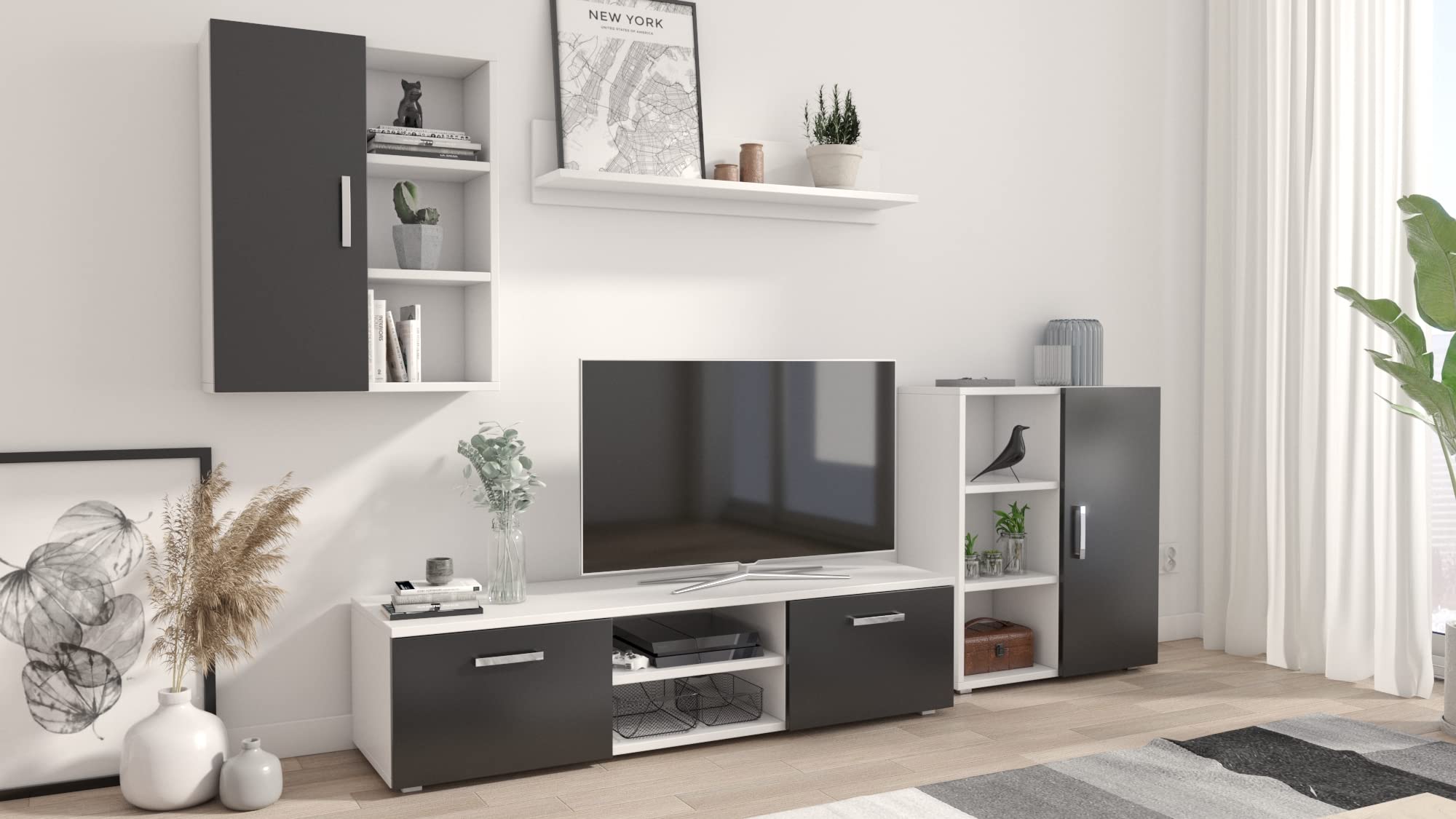 MATKAM Wohnwand Dedal, Schrankwand Wohnzimmer Modern, Wohnzimmerschrank mit Fernsehtisch Komplett Möbel (Weiß-Schwarz)