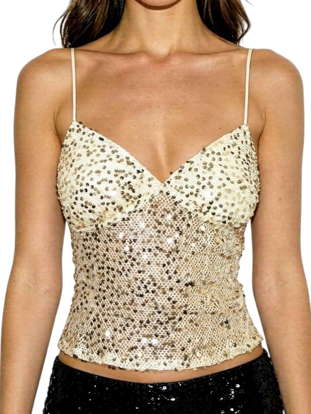 Seyumixi Women Sparkly Cami Top Sequin Spaghetti Strap Glitter Crop Top Sleeveless Going Out Tops Party Concert Outfits Sequin