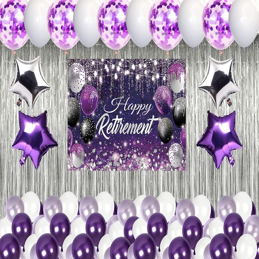 Theme My Party Retirement Party Supplies, Retirement Party Decorations with Happy Retirement Backdrop Balloons with Curtains (Decoration kit 1)