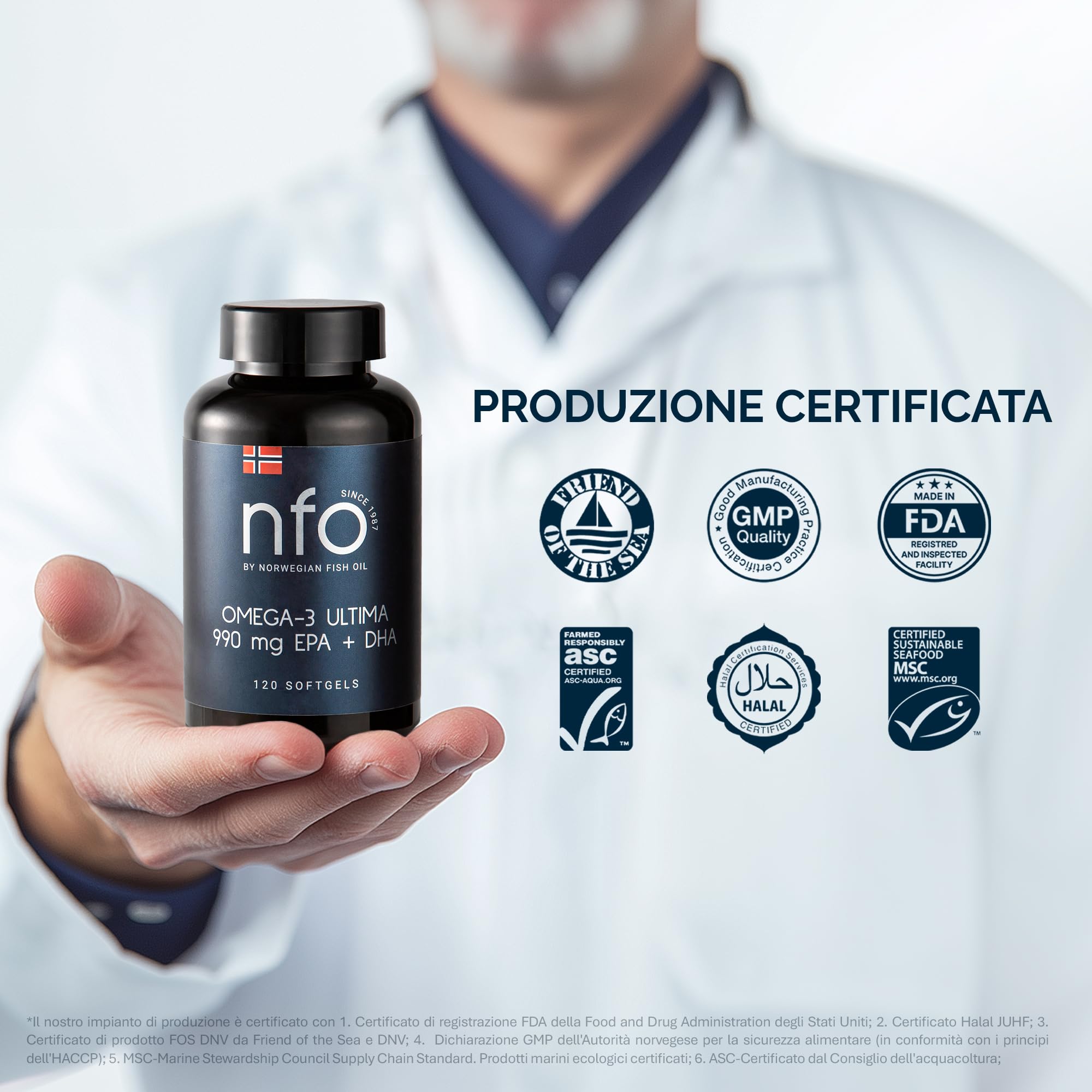 NFO Omega 3 Ultima - 120 Capsule Olio di Pesce Norvegese Alta Concentrazione EPA DHA, 1 Capsula ad Alta Dose con Vitamina E, Alta Purezza, Senza OGM