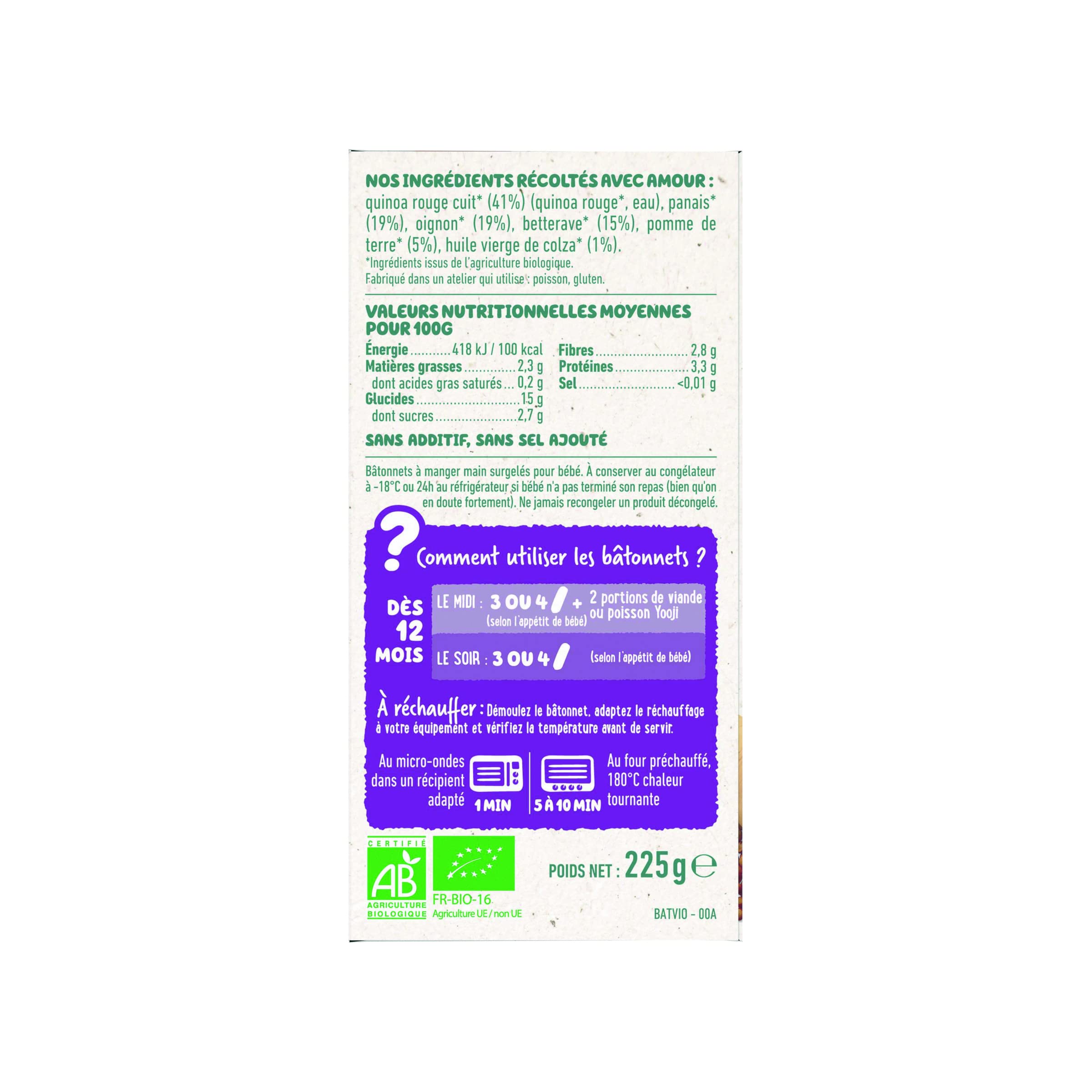 Yooji - Bâtonnets à manger-main betterave & quinoa bio – 15 repas bébé DME dès 12 mois - Lot 5x225g
