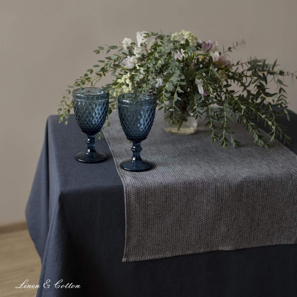 Linen & Cotton Schöner Edler Tischläufer Stoff Tischband Tischdeko Honeycomb -100% Leinen, Schwarz Beige Grau (47 x 270 cm) Rechteckig Läufer Tisch Tischwäsche für Wohnzimmer Esstisch Weihnachten Fest