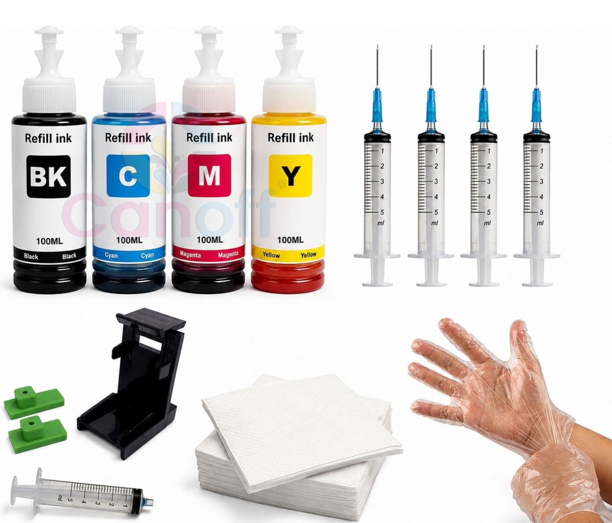 CANOFF for Can. MP287,iP2770,iP2772,MP237,245,258,276,287,MP486,496,497, Refill Ink Suction Tool Kit Set Black + Tri Color Combo Pack Ink Bottle-image-5