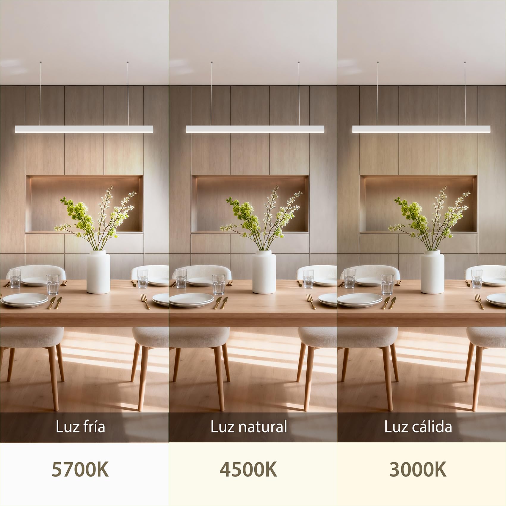 Lámpara LED Lineal Colgante Moderna, 150cm (60W) / 120cm (36W), Luz de Techo para Oficina y Comedor, Iluminación Profesional (Blanco,1200mm,3000K-5700K)